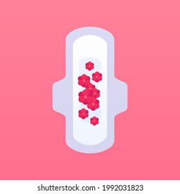 Almohadilla sanitaria femenina. Ilustración plana vectorial. Símbolo de flor de sangre roja menstruación aislado en fondo rosado. Elemento de diseño.