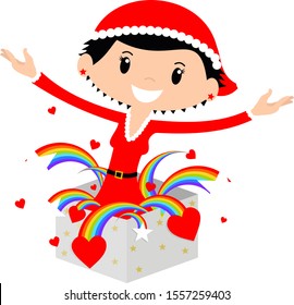 Female Santa in box gift of rainbow, star, heart sparkle lgbt gay Xmas celebration cute cartoon character