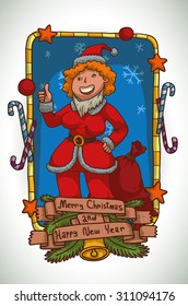 Female Santa Claus and big red bag is behind her, Christmas frame with stars and candies for Christmas card, vector