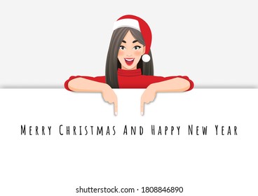 Female in Santa Claus hat standing behind the white banner and pointing down at a copy space cartoon character vector