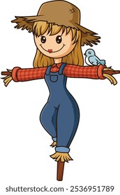 Female scarecrow with bird on shoulder vector illustration