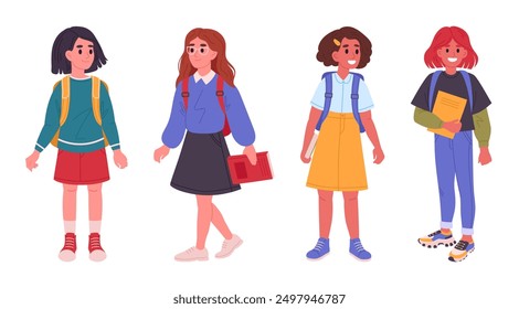 Estudiantes femeninas. Niñas de secundaria o secundaria con mochilas y libros, amigos felices que van a la escuela conjunto de Ilustración vectorial plana. Dibujos animados de alumnas