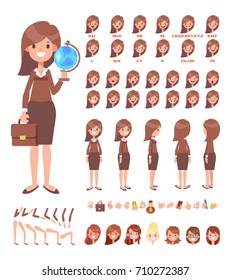 Female School Teacher Front, Side, Back view animated character. Various views, hairstyles, face emotions, poses and gestures. Cartoon style, flat vector illustration.