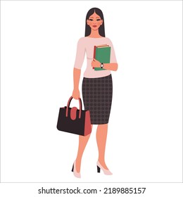 Female school teacher isolated. Beautiful young woman holding book and bag. Confident girl, office worker, college student. Flat character in cartoon style. Education, business concept. Vector 