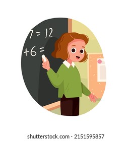 Female school teacher is standing at the blackboard, and explaining new material. Teacher gives a lecture. Teacher writes examples on the chalkboard. Vector illustration. Flat design.