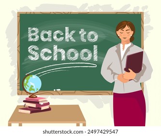 Female school teacher standing at chalk board with Back to school written in chalk. Teacher in class greeting students standing at chalk board. Education and learning concept. Vector illustration