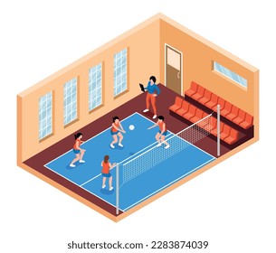 Female school team playing volleyball in gym 3d isometric vector illustration