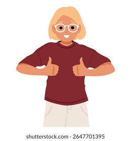Personagem de desenho animado de criança do sexo feminino levantar os braços para fazer miniaturas duplo gesto retrato isolado no branco. Aluna sentindo-se feliz sentindo prazer brilhando positividade ilustração vetor de energia