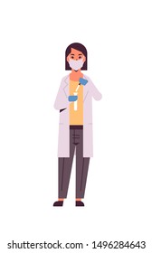 female scientific researcher holding test tube woman in uniform working with flask scientist making experiment in laboratory research science chemical concept vertical full length