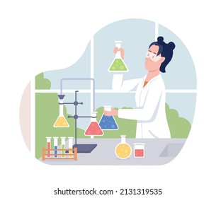 Female scientist 2D vector isolated illustration. School education. High school student flat character on cartoon background. Chemistry class colourful scene for mobile, website, presentation