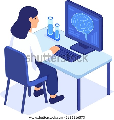 Female scientist analyzing brain scan at computer. Isometric vector illustration of medical researcher in laboratory with digital monitor and lab equipment.