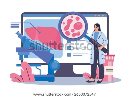 Female scientist analyzing liver cells using a magnifying glass and microscope, standing next to a monitor with liver diagram on white background. Concept of medical research. Vector illustration