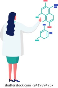Female scientist analyzing molecular structure. Woman in lab coat pointing at chemical diagram. Researcher studies complex compounds vector illustration.