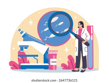 Cientista mulher analisando espermatozoides sob lupa perto de microscópio e ferramentas de laboratório, estilo de desenho animado plano sobre fundo abstrato. Conceito de estudo de fertilidade. Ilustração vetorial