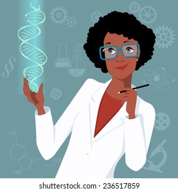 Female scientist. Attractive black woman in a lab coat looking at a DNA molecule, scientific symbols on the square background, vector illustration, no transparencies