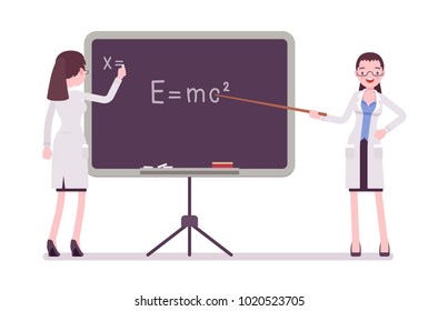 Female scientist at the blackboard. Expert of physical or natural laboratory in white coat teaching. Science and technology concept. Vector flat style cartoon illustration isolated on white background