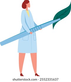 Female scientist carrying a giant paintbrush with a leaf symbolizing eco friendly innovation and sustainable practices in scientific research and development