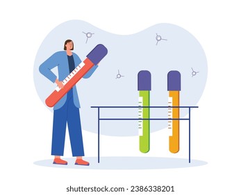 Female scientist carrying large sample tube, biological research laboratory. Character design. Vector flat illustration