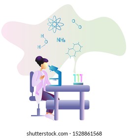 A female scientist chemist in a coat sits looking through a microscope and near reagents. bright illustration from the gradient.Stock vector