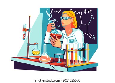 Científica en capa en ilustración de vector de laboratorio. Científico con matraces trabaja en un estilo llano de fórmula. Investigación de laboratorio químico, descubrimiento de vacunas, concepto científico. Aislado sobre fondo blanco