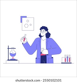 Científica Hembra Que Lleva A Cabo Experimentos De Laboratorio Con Tubos De Prueba En Ilustración vectorial Plana Que Simbolizan Investigación, Trabajo De Laboratorio Y Química, Aislados Sobre Fondo Blanco.