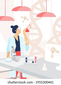 Female scientist conducting medical experiment, discovery vaccine. Woman researcher holding flask. Chemist working in laboratory. Vector illustration in flat cartoon style.