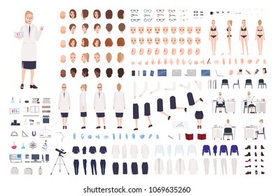 Female Scientist Constructor Or Scientific Laboratory DIY Kit. Collection Of Women Body Parts, Facial Expressions, Hairstyles, Clothing Isolated On White Background. Flat Cartoon Vector Illustration.