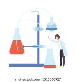Female scientist directs the hose to the flask. Vector illustration.