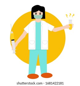 A female scientist discovered a corona virus drug vaccine. holding injections and vaccines. Vector Illustration.