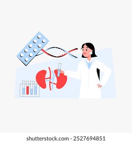 Female scientist with DNA and medical pills in flat vector illustration symbolizing medical research, genetics, and healthcare innovation, isolated on white background.