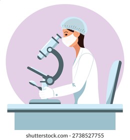 Female scientist, doctor, analyzing a sample under a microscope in a laboratory, detailed microscope, medicine, medical equipment, laboratory equipment