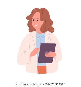 Mujer científica, doctora o bióloga en bata blanca sosteniendo tableta digital. Doctor mirando la tarjeta médica. Ilustración vectorial en estilo plano	