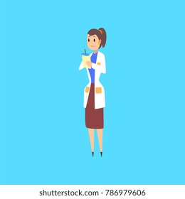 Female scientist, doctor or engineer cartoon character in white coat taking notes vector Illustration