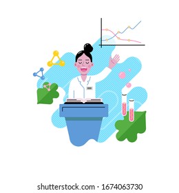 Female scientist or doctor represent her work at world forum. Woman in science conference. Women's voice in the public sphere