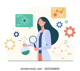 Female scientist doing scientific research in lab, holding magnifying glass and chemical flask  with molecule models in background. For science, chemistry, physics, neuroscience concept.