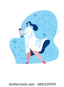 A female scientist in a dressing gown and mask with an ampoule in her hands. Concept of a vector illustration on the topic of vaccine development.
