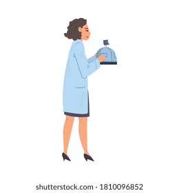 Female Scientist or Engineer in White Coat Doing Scientific Experiment with Laboratory Equipment Vector Illustration on White Background