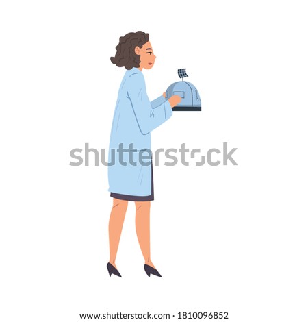 Female Scientist or Engineer in White Coat Doing Scientific Experiment with Laboratory Equipment Vector Illustration on White Background