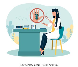 Female scientist examining bug on her palm with magnifier. Concept of entomology, catching insects, gathering closeup data. Biology Research work, molecular science. Flat cartoon vector illustration