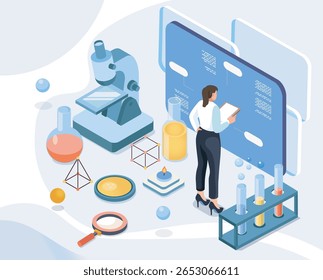Cientista mulher examinando dados digitais com ferramentas de laboratório, microscópio, frascos químicos e tubos de ensaio ao seu redor em um fundo abstrato. Conceito de pesquisa científica. Ilustração vetorial