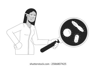 Female scientist examining microorganisms magnifying glass black and white 2D line character. Microbiology researcher arab woman isolated vector outline person. Monochromatic spot illustration