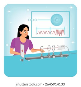 Female scientist experiments in a lab, demonstrating laser beam physics concept with optical tools. Includes interference patterns and scientific equipment. Quantum computer concept.  