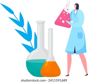 Female scientist with a flask in a laboratory setting. Woman chemist analyzing liquid substance. Research and development concept vector illustration.