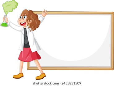 Female scientist with flask near blank whiteboard