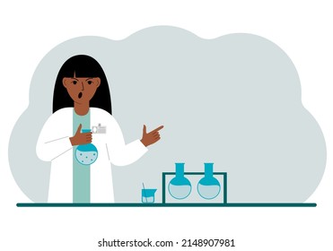 Female scientist with flasks. Experimental scientist, laboratory assistant, biochemistry, chemical, scientific research. Vector flat illustration for banner, advertisement or web.