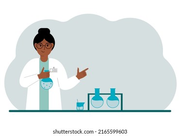 Female scientist with flasks. Experimental scientist, laboratory assistant, biochemistry, chemical, scientific research. Vector flat illustration for banner, advertisement or web.