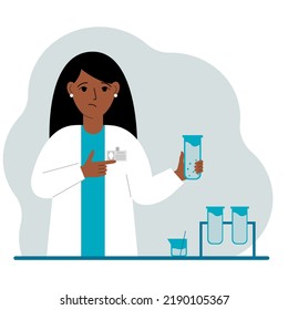 Weibliche Wissenschaftlerin mit Flaschen. Experimentalwissenschaftler, Laborassistent, Biochemie, chemische, wissenschaftliche Forschung. Vektorgrafik