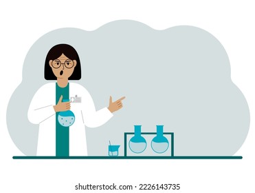 Female scientist with flasks. Experimental scientist, laboratory assistant, biochemistry, chemical, scientific research. Vector flat illustration for banner, advertisement or web.