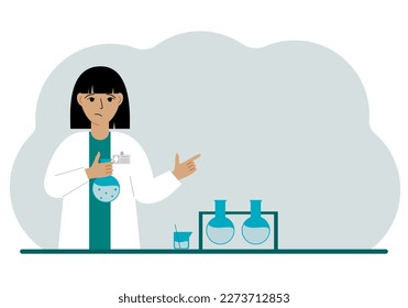 Female scientist with flasks. Experimental scientist, laboratory assistant, biochemistry, chemical, scientific research. Vector flat illustration for banner, advertisement or web.