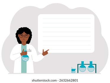 Cientista com frascos. Cientista experimental, assistente de laboratório, bioquímica, química, pesquisa científica. Ilustração plana vetorial para faixa, anúncio ou web.